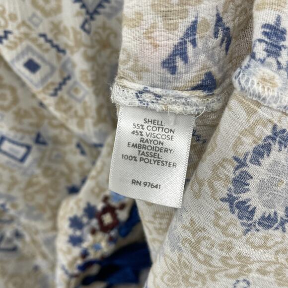 J.JILL Blouse M Boho Tasseled Tunic Embroidered Keyhole Neck 3/4 Sleeve Beige - Picture 9 of 12